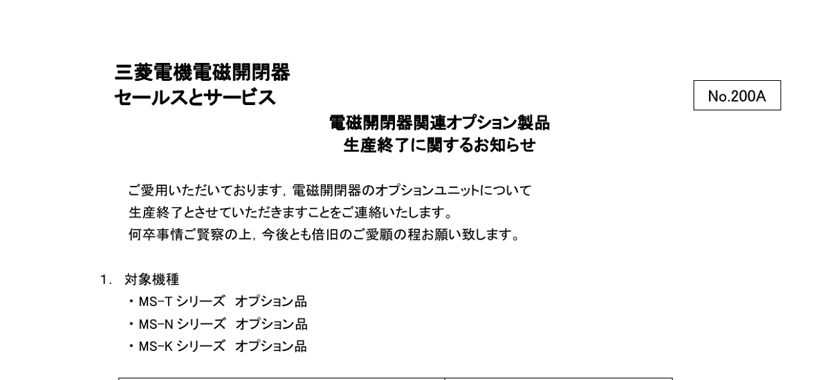440 _ 2403 _ 電磁開閉器関連オプション製品 生産終了に関するお知らせ _ 200A