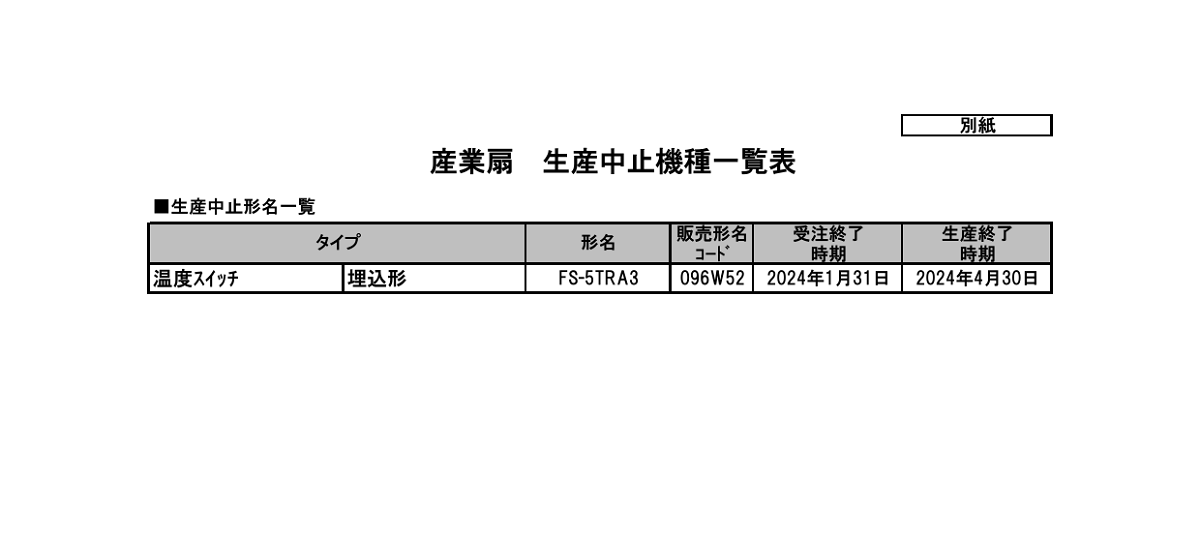 380 _ 2312 _ 温度スイッチ(埋込形)生産中止のご案内 _ FS-5TRA3