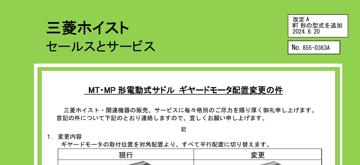 556 _ 2406 _ MT・MP 形電動式サドル ギヤードモータ配置変更の件 _ 855-0363A 556 _ 2406 _ MT・MP 形電動式サドル ギヤードモータ配置変更の件 _ 855-0363A